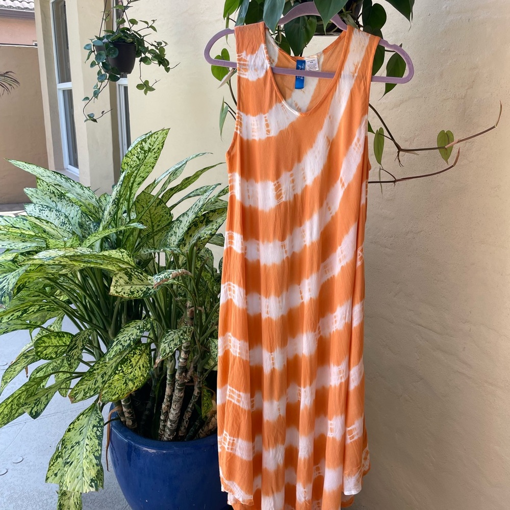 SALE. Orange Tye Dye Rayon Sleeveless Casual High Low Beach Wear Comfy Dress M